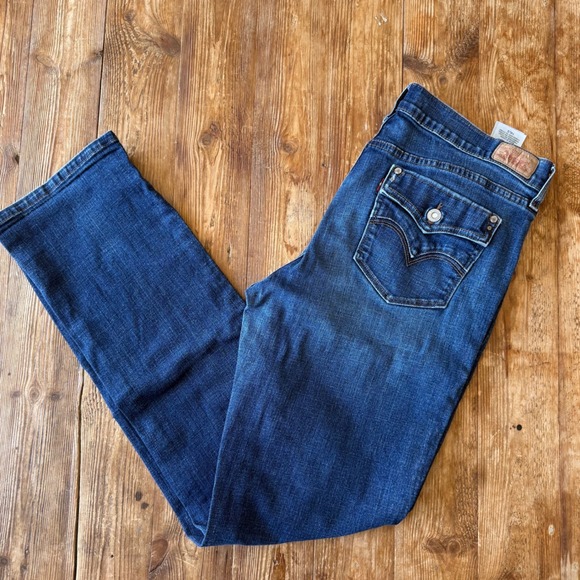 Levi's Denim - Levis 505 Straight Leg Jeans Dark Wash Blue Denim Flap Pocket Pants WM's 14L EUC